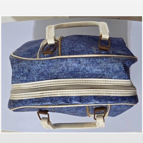 VTG Brunswick Bowling Bag Unisex Blue & White Stripe Handles Metal Rack - Picture 8 of 16